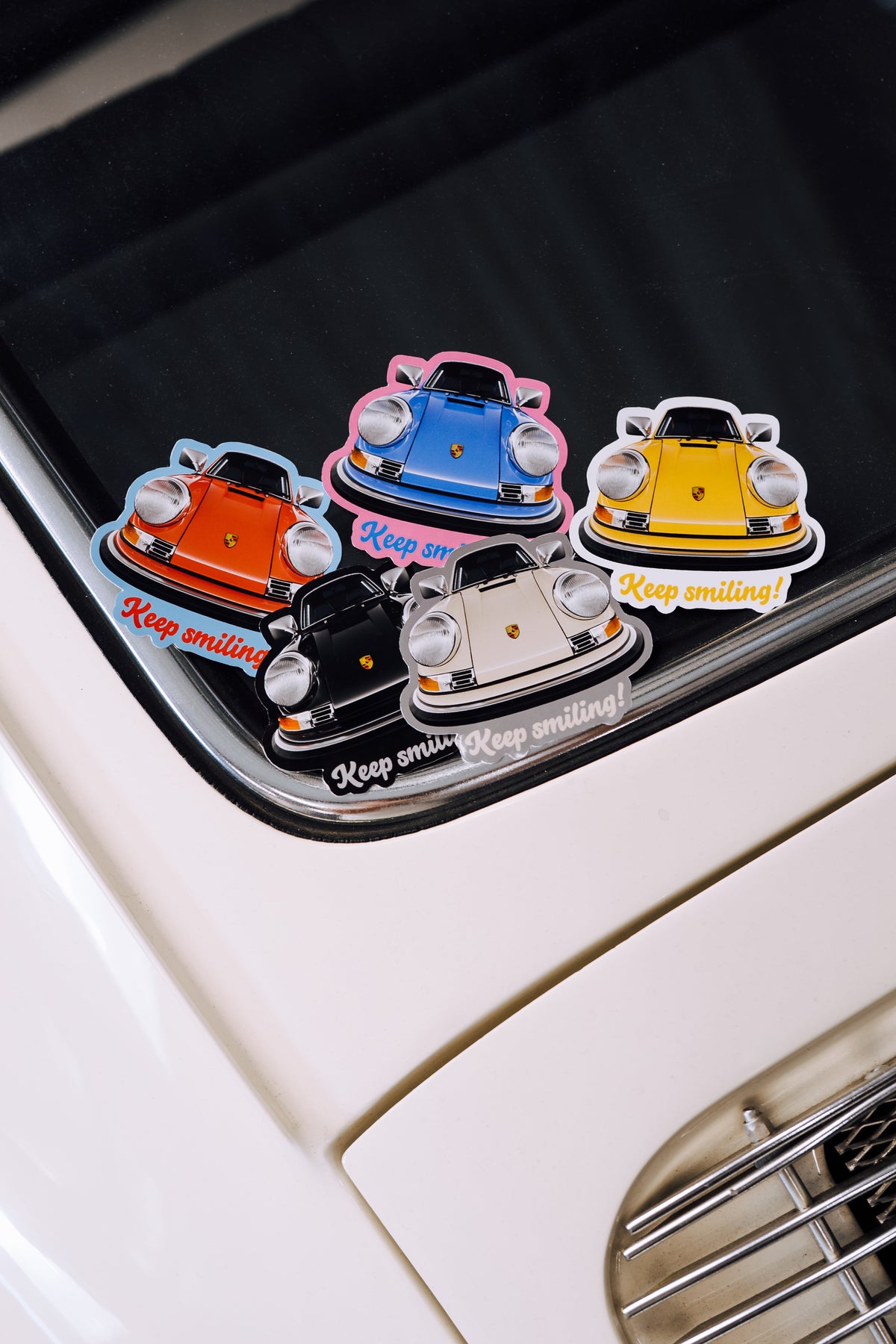 Keep Smiling stickers and tee with Porsche 911 caricature by Sam Draws Cars